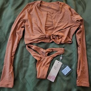 OhPolly halter long sleeve and thong bottom swim size small